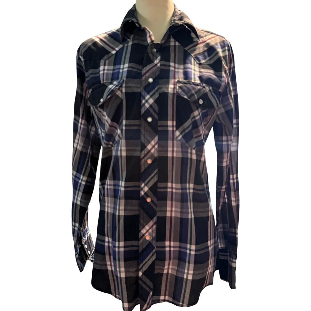 Wrangler Vintage Western Pearl Snap Plaid Shirt, Navy/Green/Burgundy, Men Small